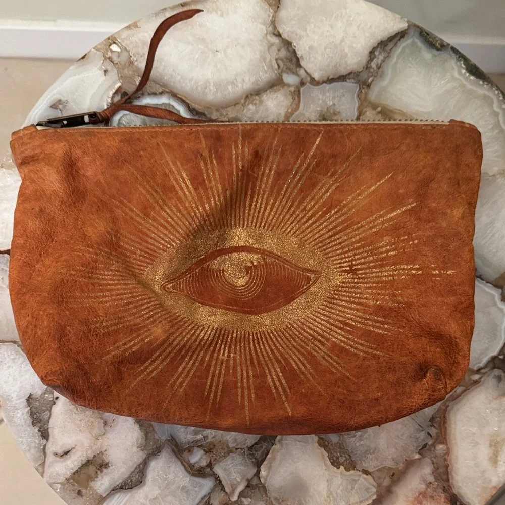 Toteme Brown Leather Cosmetic Bag with Gold Eye Design - Picture 1 of 3